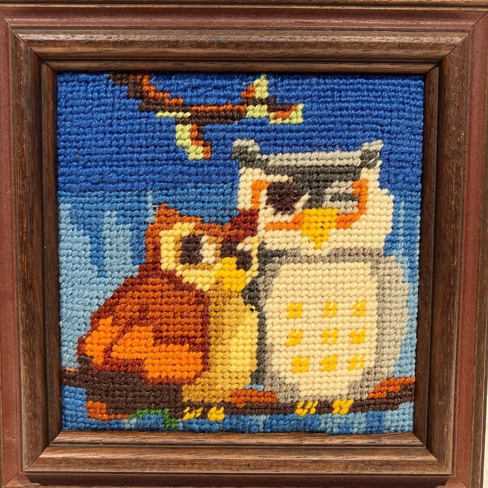 Vintage Framed Needlepoint Cross-Stitch: Two Owls on Branch, 1970s Wall Art